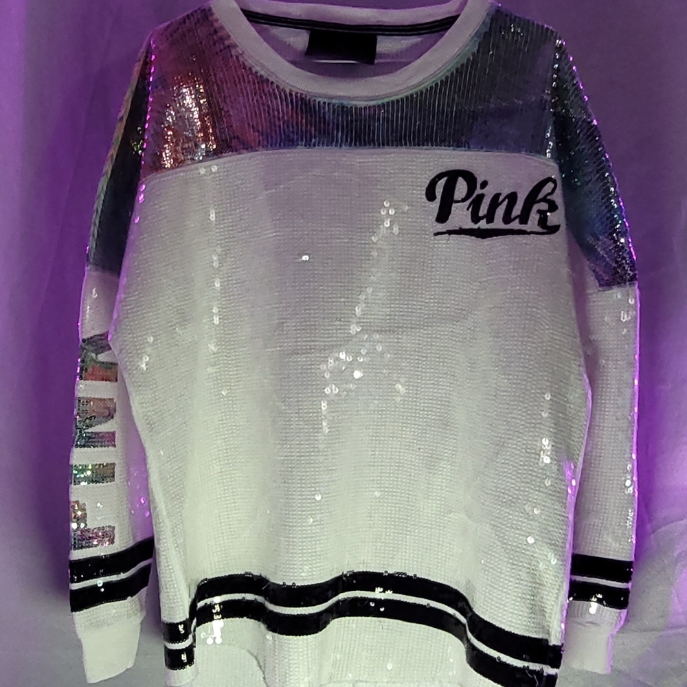 PINK Victoria's Secret White and Silver Sequin Sweater